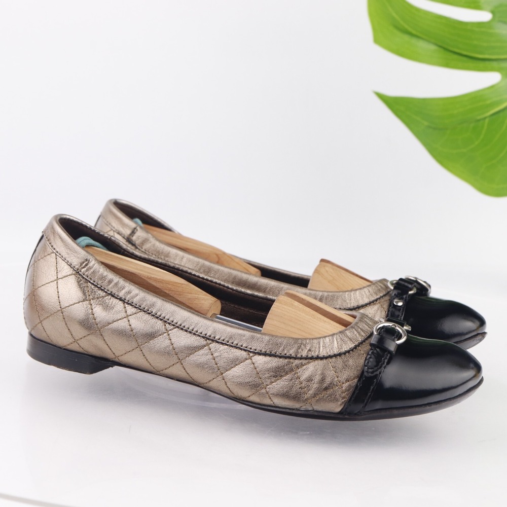 AGL Womens Ballet Flats Size 39 9 Quilted Bronze Gold Leather Black Cap Toe Shoe - Picture 14 of 14